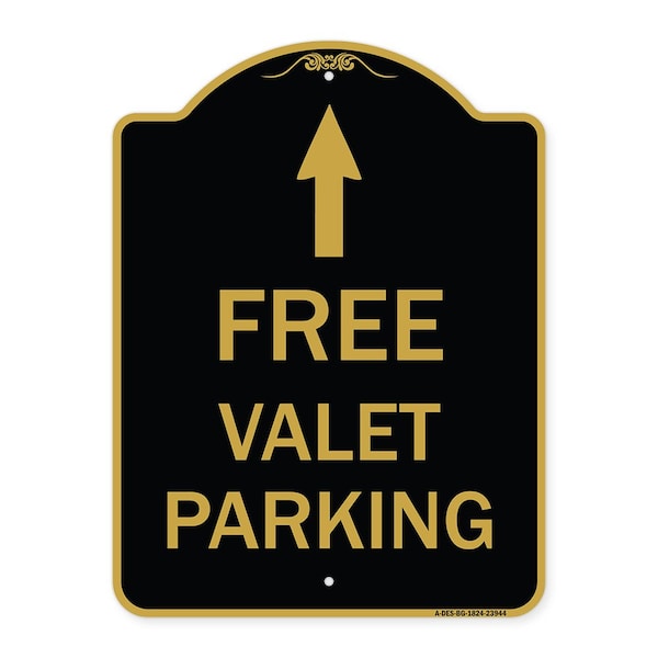 Signmission Free Valet Parking W/ Ahead Arrow, Black & Gold Aluminum Sign, 18" x 24", BG-1824-23944 A-DES-BG-1824-23944 - main